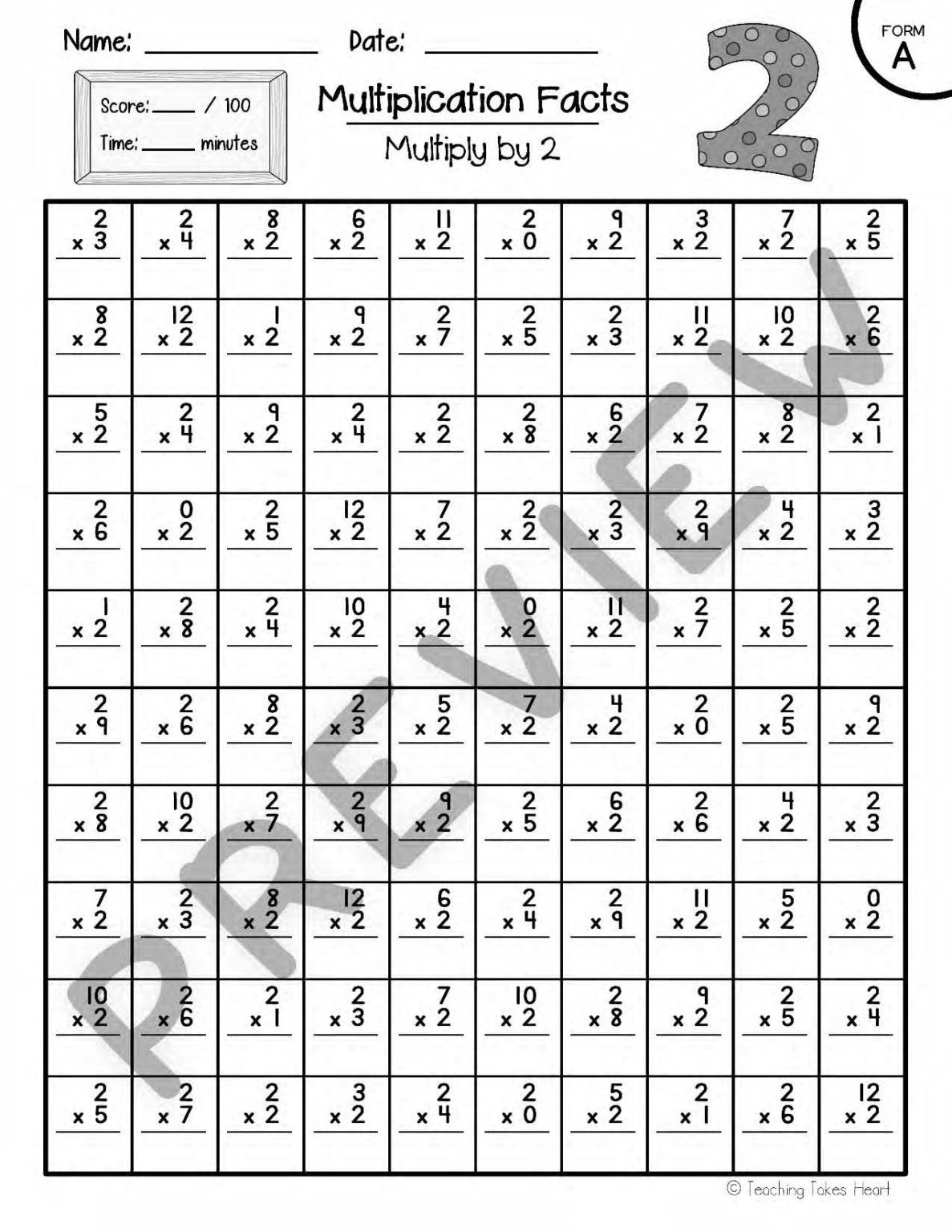 FREE Multiplication Timed Tests Multiply by 2 Teaching Takes Heart