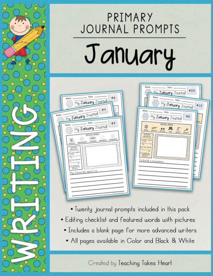 FREE January Primary Writing Journal Prompts!! Teaching Takes Heart