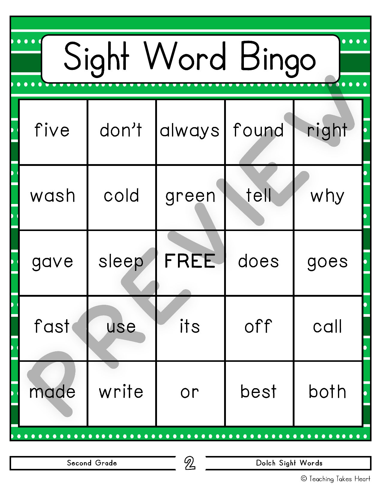 Sight Word Bingo: Second Grade | Teaching Takes Heart