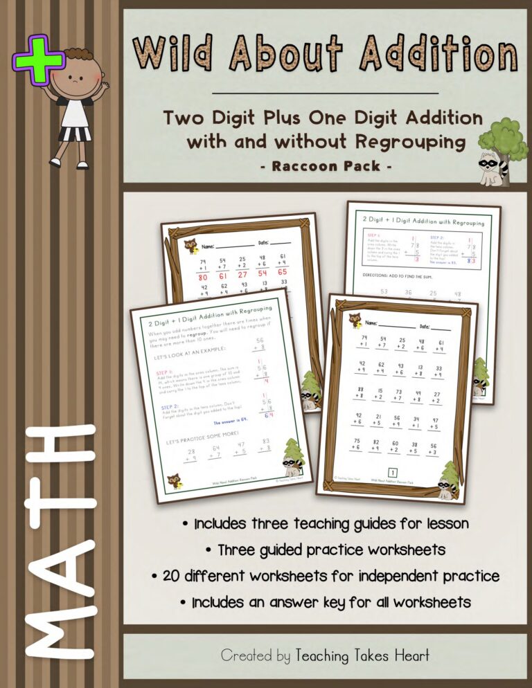 Wild About Addition: 2 Digit Plus 1 Digit Addition with and without Regrouping — Main Preview